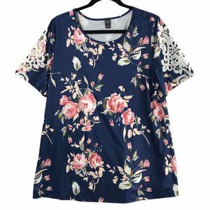 Womens Blouse Top Large L Blue Pink Red Green Floral Roses Lace Arms Slinky EC